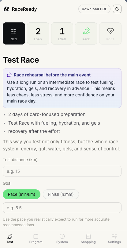 RaceReady product screen 1